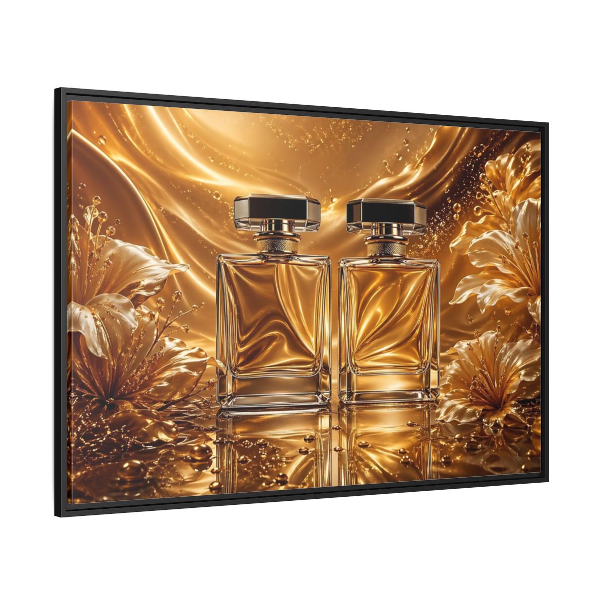 Side Mockup 12. Abstract Perfume Bottles Golden Perfume shown as stretched canvas wall art
