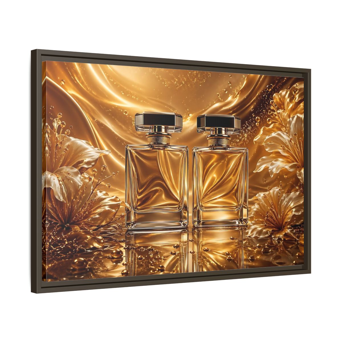 Side Mockup 11. Abstract Perfume Bottles Golden Perfume shown as stretched canvas wall art