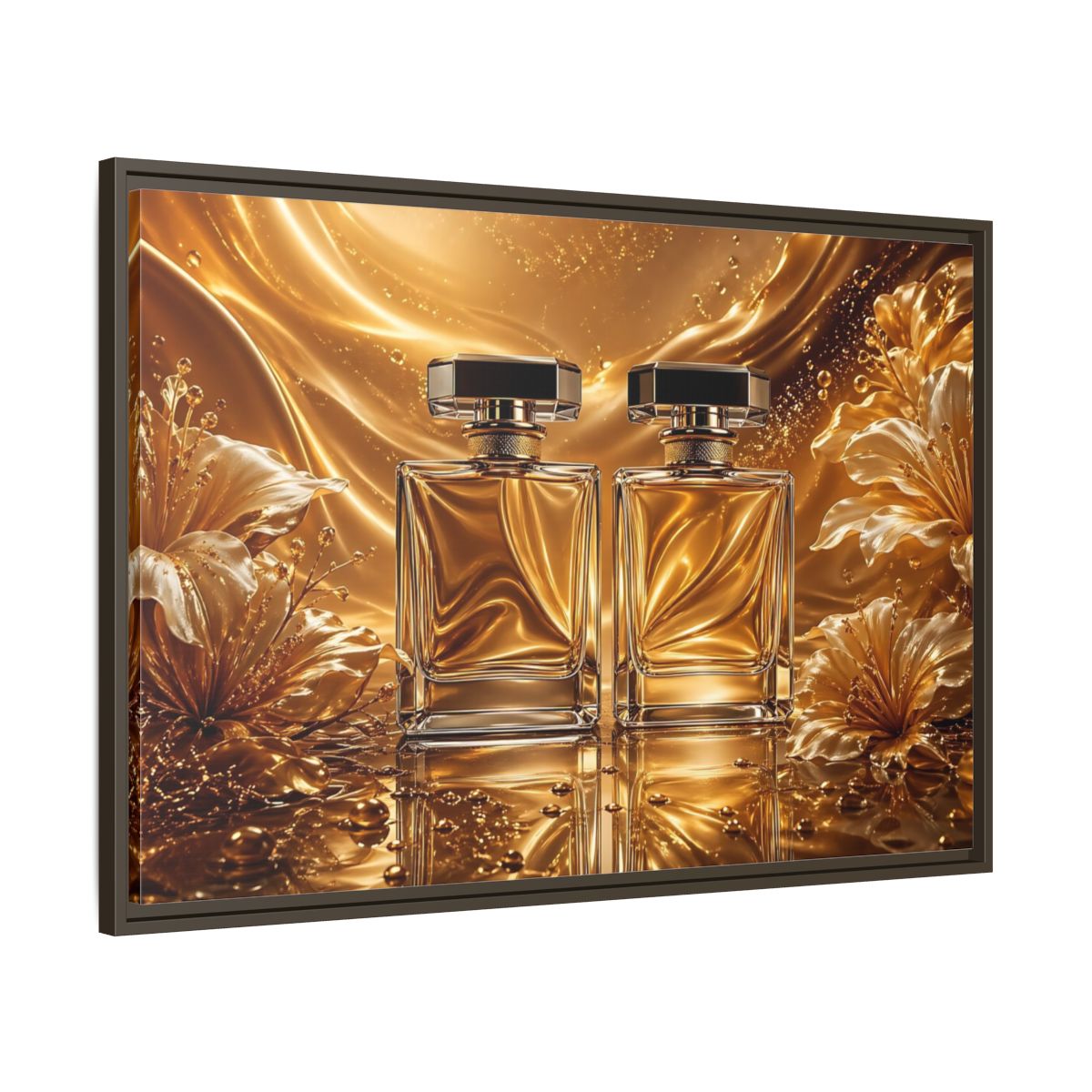 Main Mockup. Abstract Perfume Bottles Golden Perfume shown as stretched canvas wall art