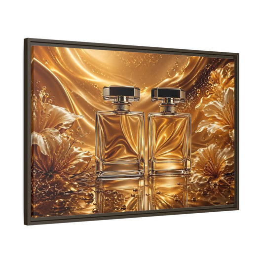 Main Mockup. Abstract Perfume Bottles Golden Perfume shown as stretched canvas wall art