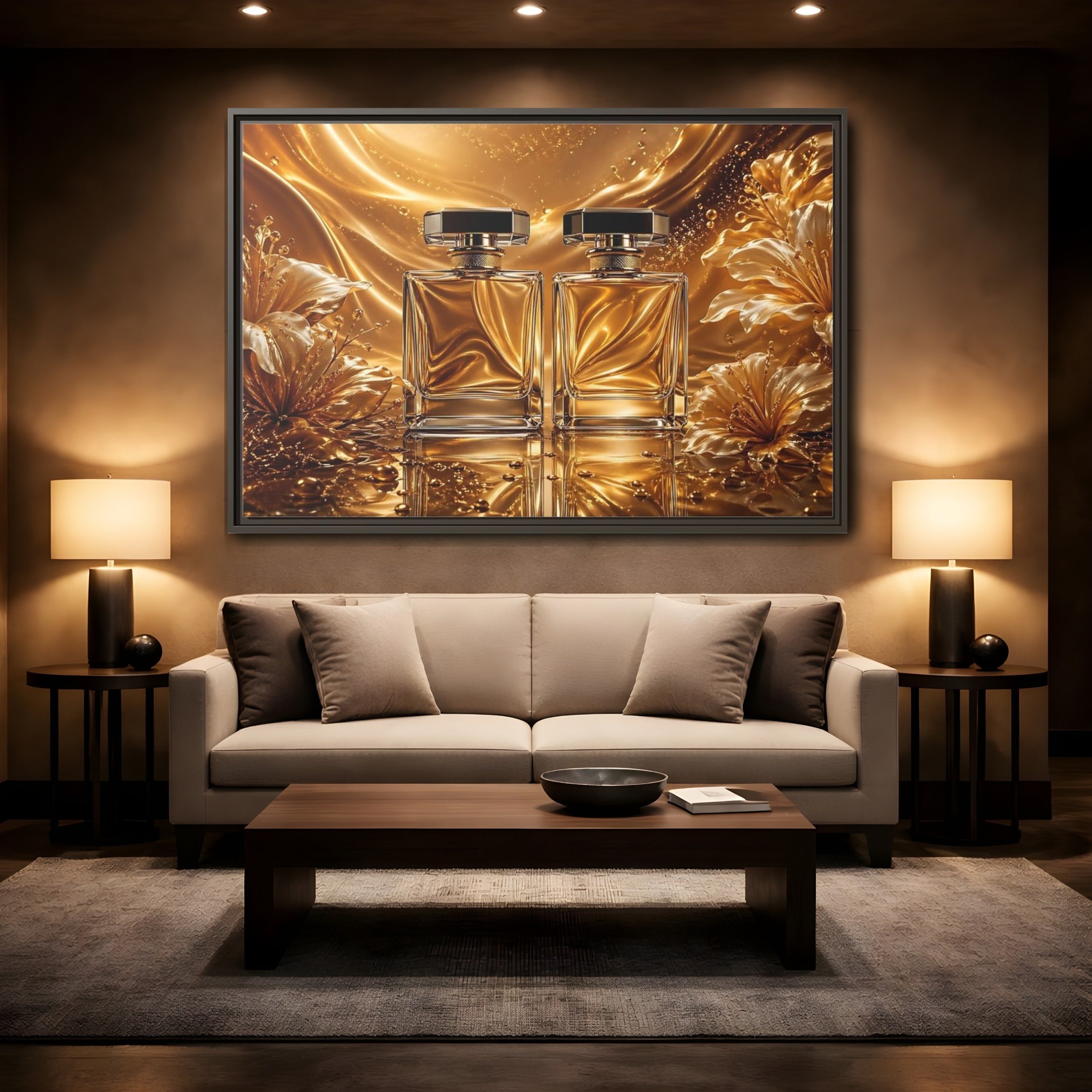 Mockup 2. Abstract Perfume Bottles Golden Perfume shown as stretched canvas wall art