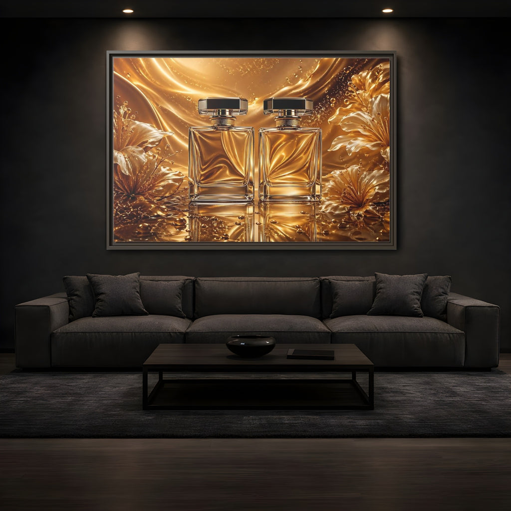 Mockup 3. Abstract Perfume Bottles Golden Perfume shown as stretched canvas wall art