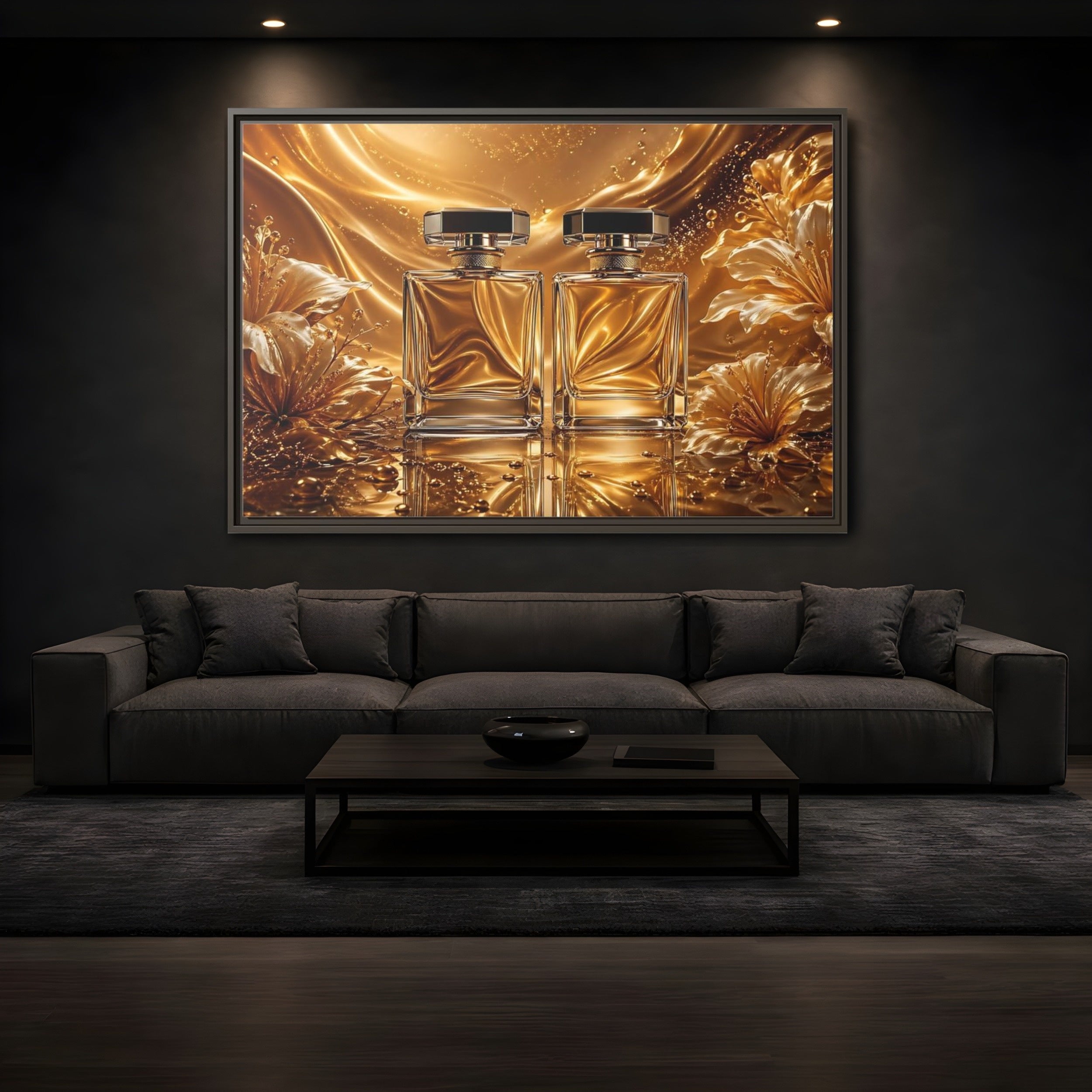 Mockup 3. Abstract Perfume Bottles Golden Perfume shown as stretched canvas wall art