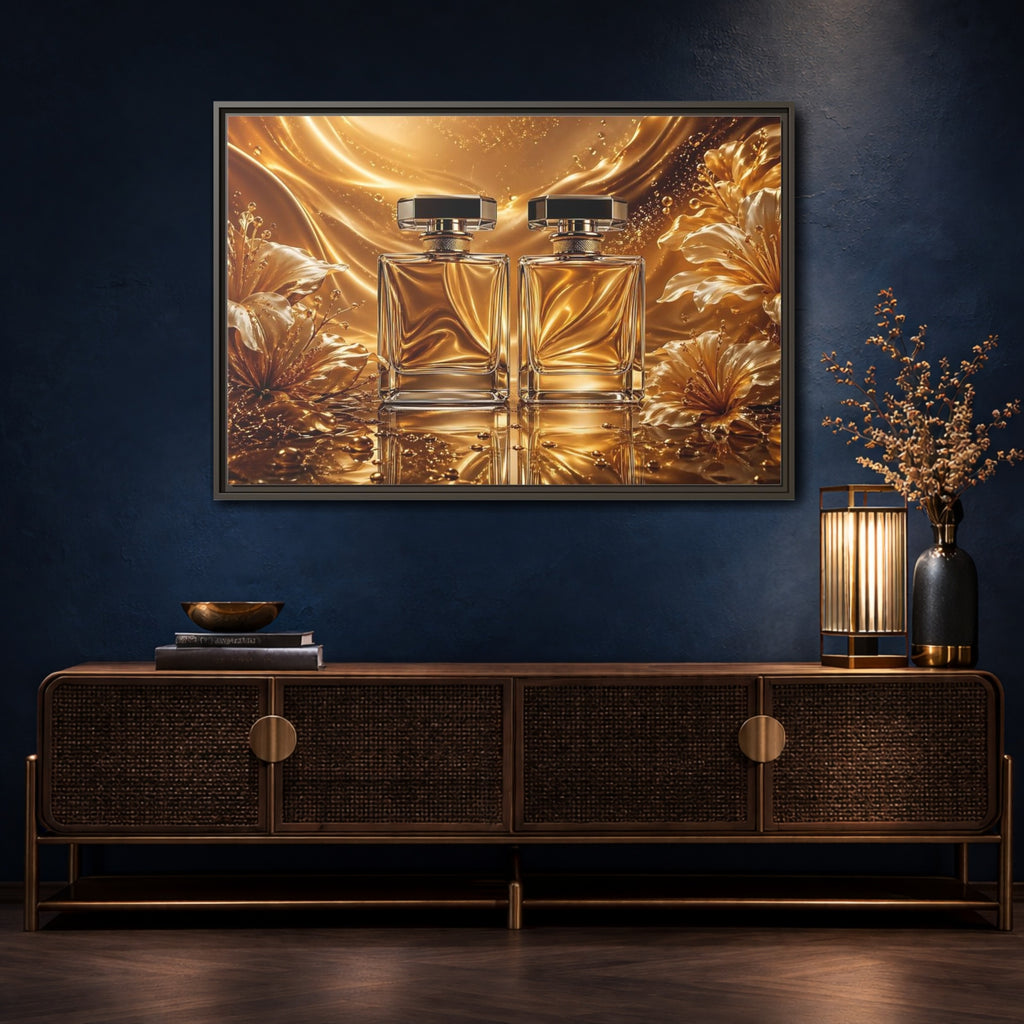 Mockup 4. Abstract Perfume Bottles Golden Perfume shown as stretched canvas wall art