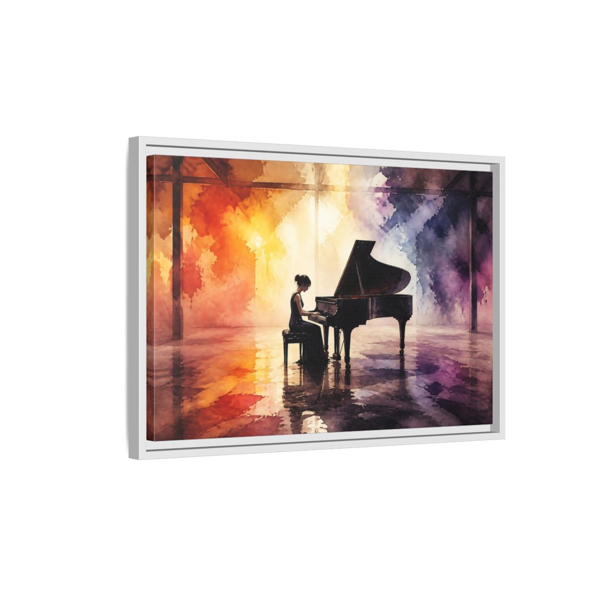 Side Mockup 1. Abstract Piano Colorful Watercolor Piano shown as framed canvas print