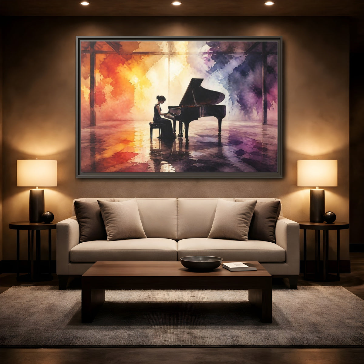 Mockup 2. Abstract Piano Colorful Watercolor Piano shown as framed canvas print