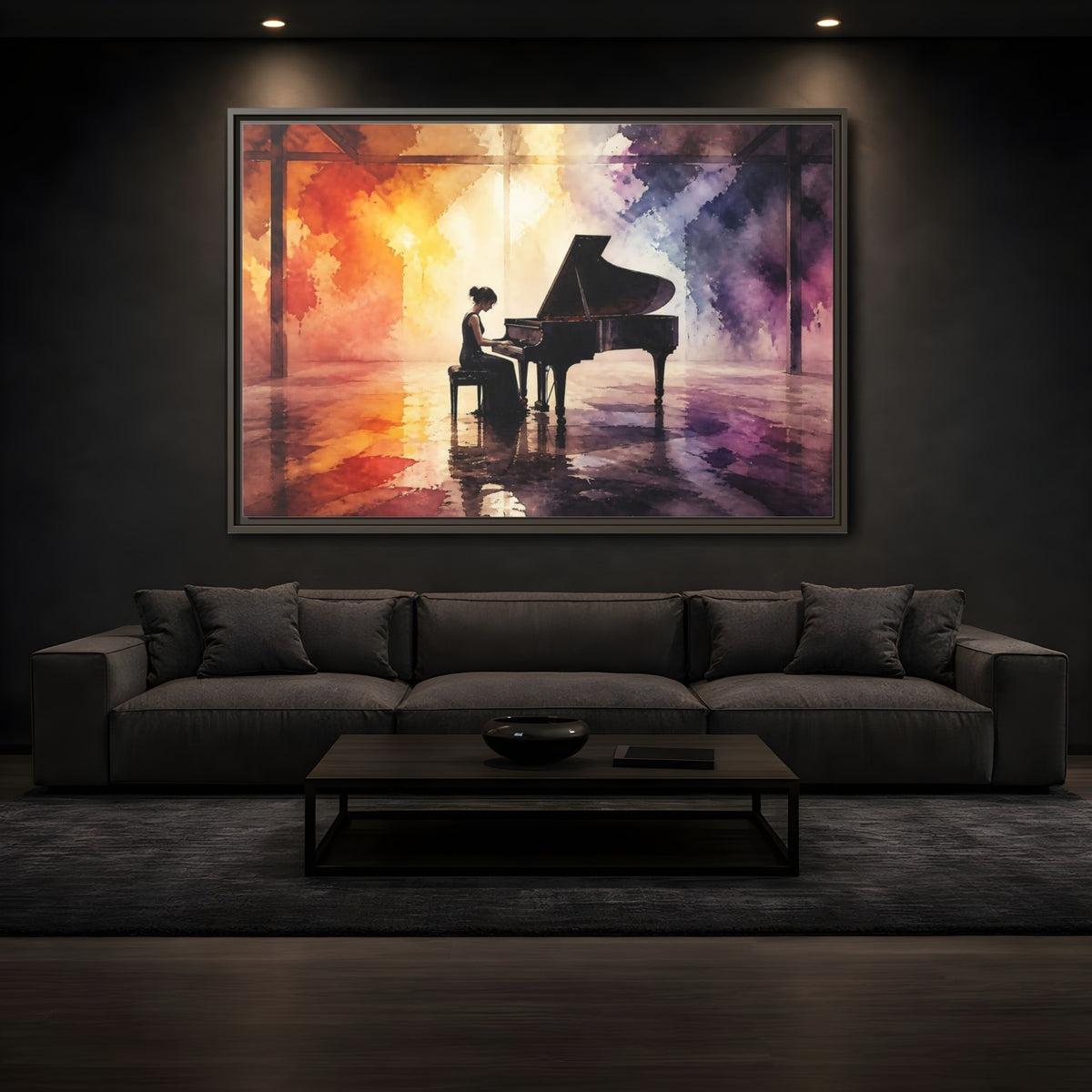 Mockup 3. Abstract Piano Colorful Watercolor Piano shown as framed canvas print