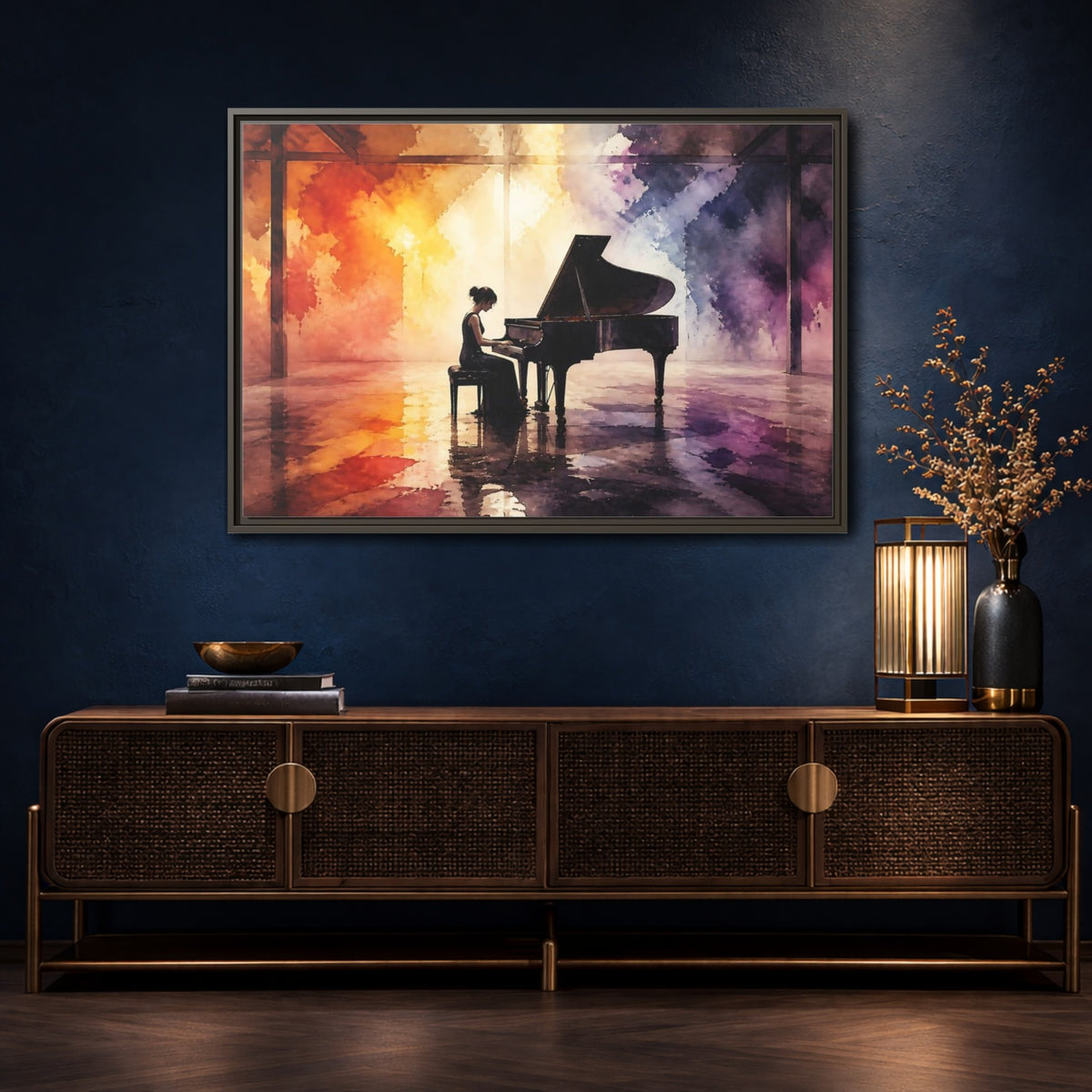 Mockup 4. Abstract Piano Colorful Watercolor Piano shown as framed canvas print