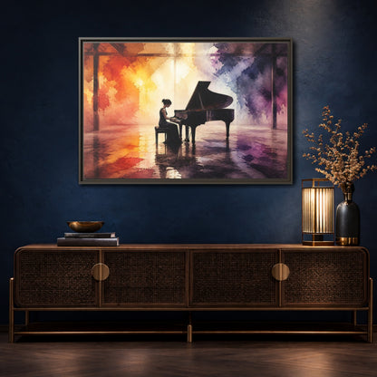 Mockup 4. Abstract Piano Colorful Watercolor Piano shown as framed canvas print
