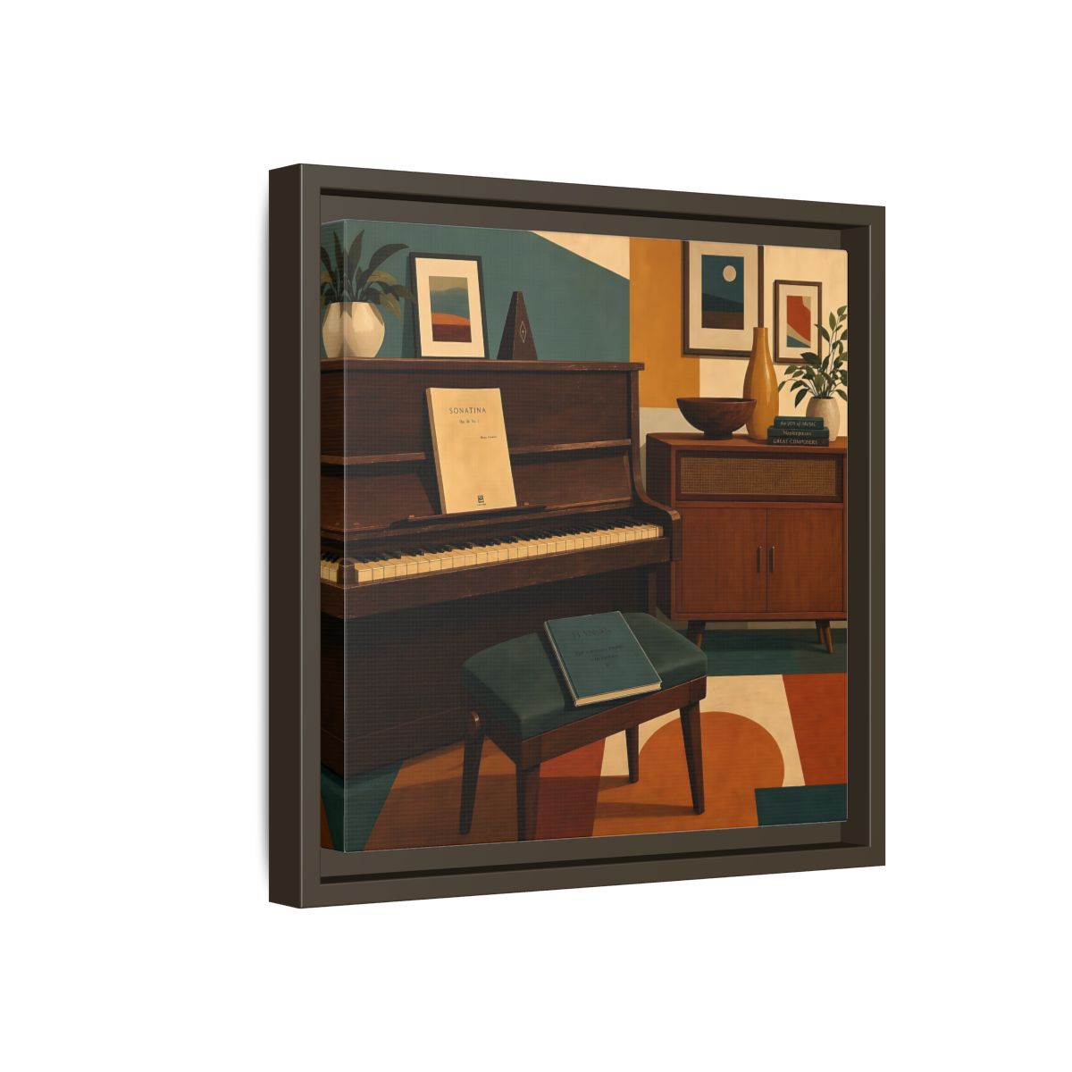 Side Mockup 17. Abstract Piano Mid-Century Piano shown as framed canvas print