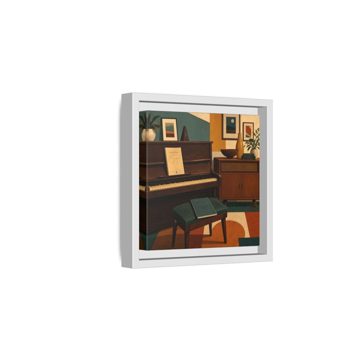 Side Mockup 1. Abstract Piano Mid-Century Piano shown as framed canvas print