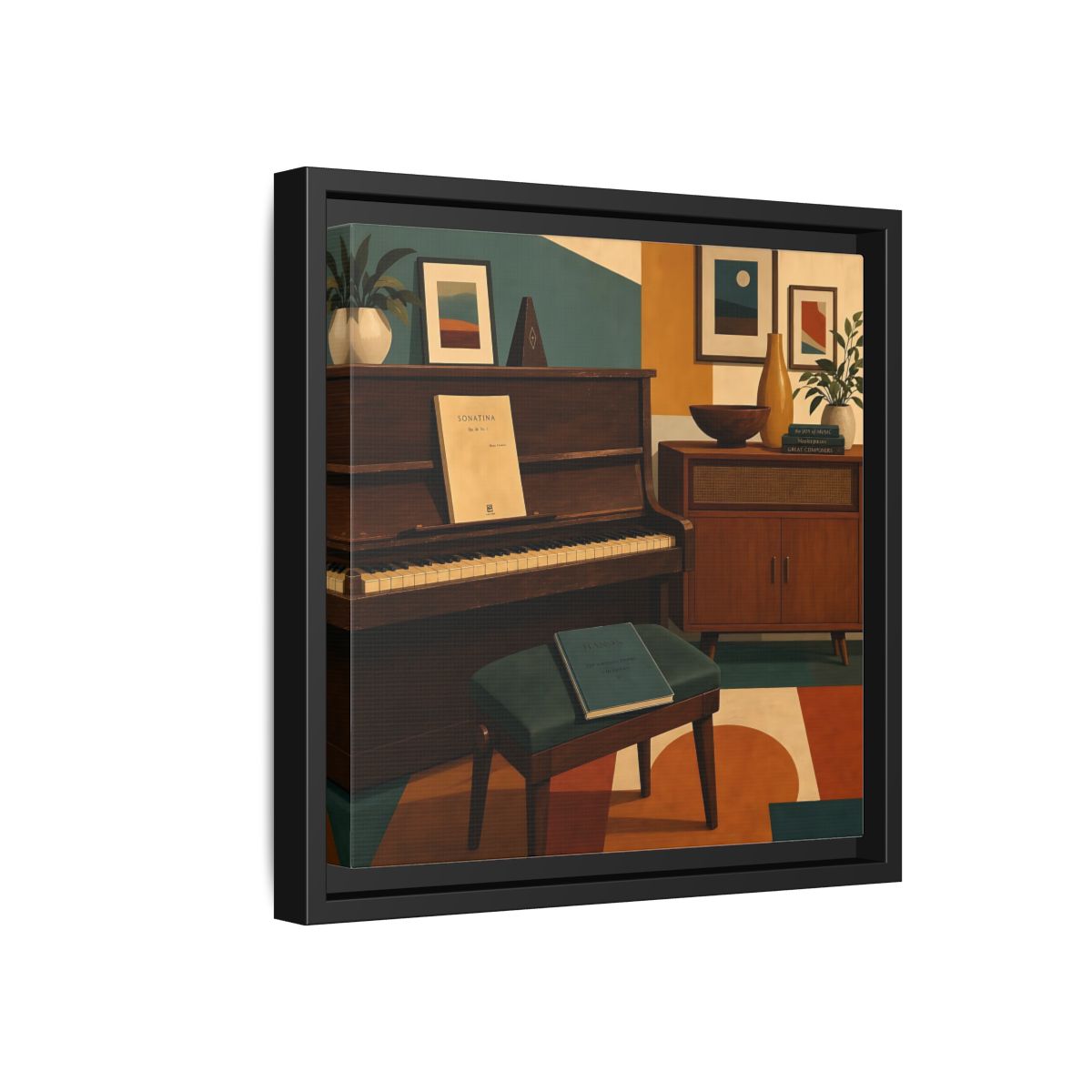 Side Mockup 18. Abstract Piano Mid-Century Piano shown as framed canvas print