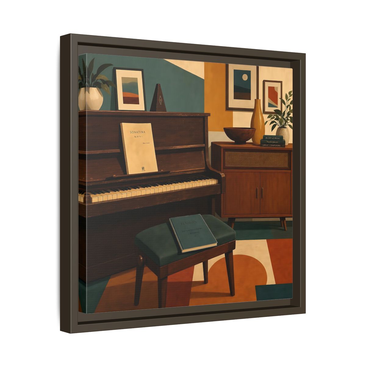 Side Mockup 29. Abstract Piano Mid-Century Piano shown as framed canvas print
