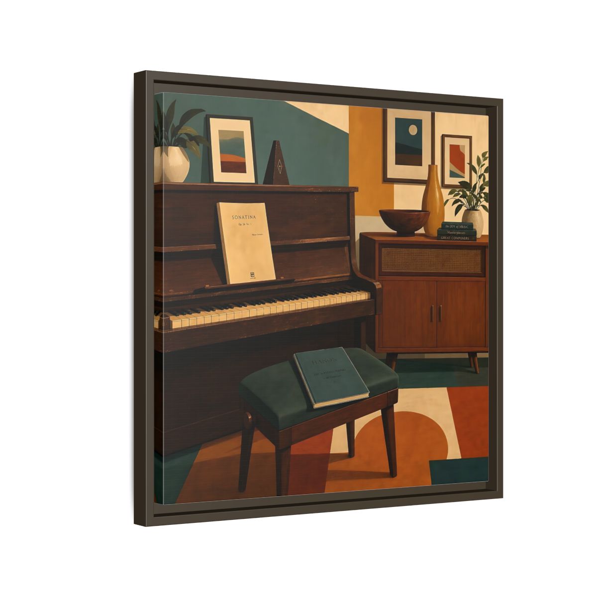 Side Mockup 11. Abstract Piano Mid-Century Piano shown as framed canvas print