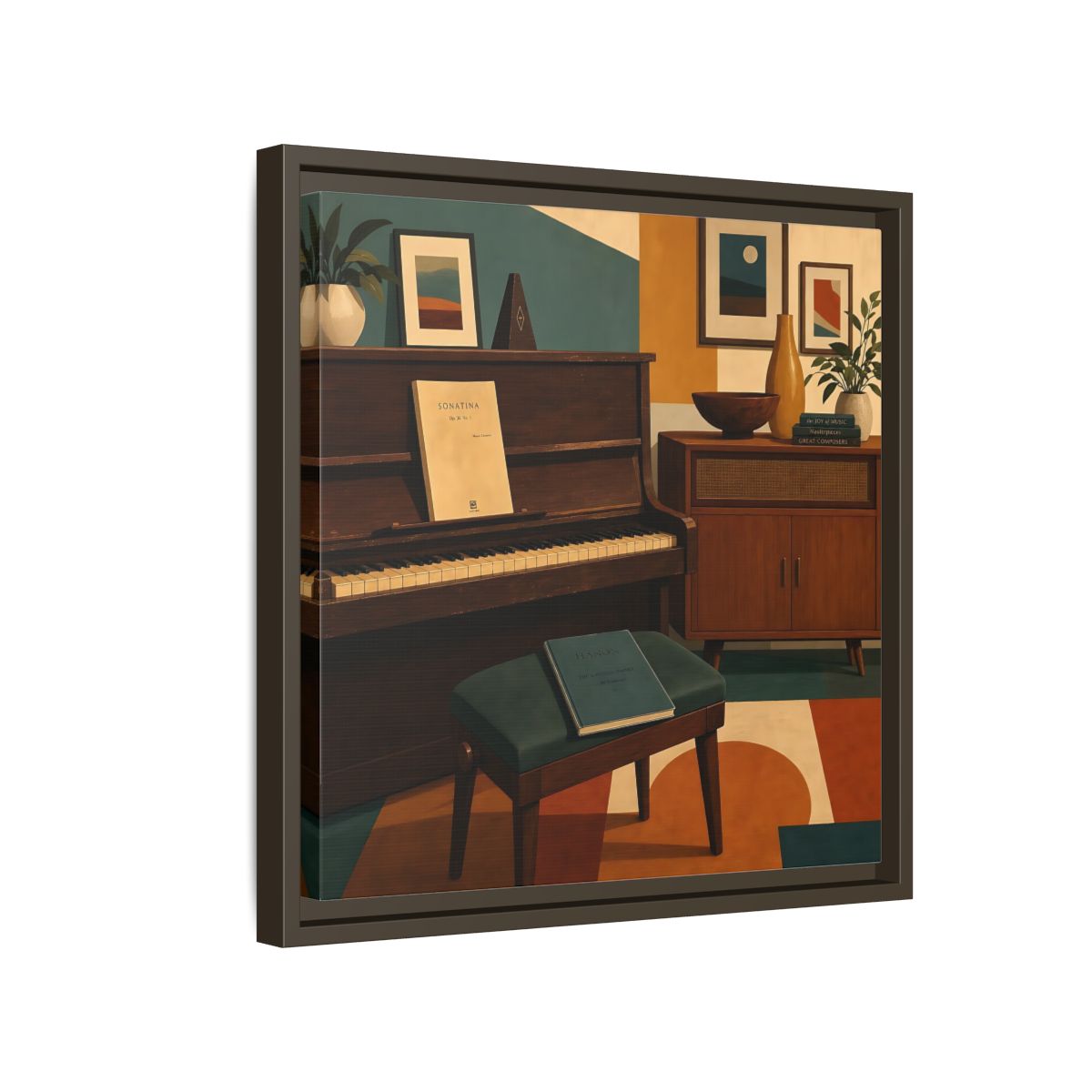 Side Mockup 14. Abstract Piano Mid-Century Piano shown as framed canvas print