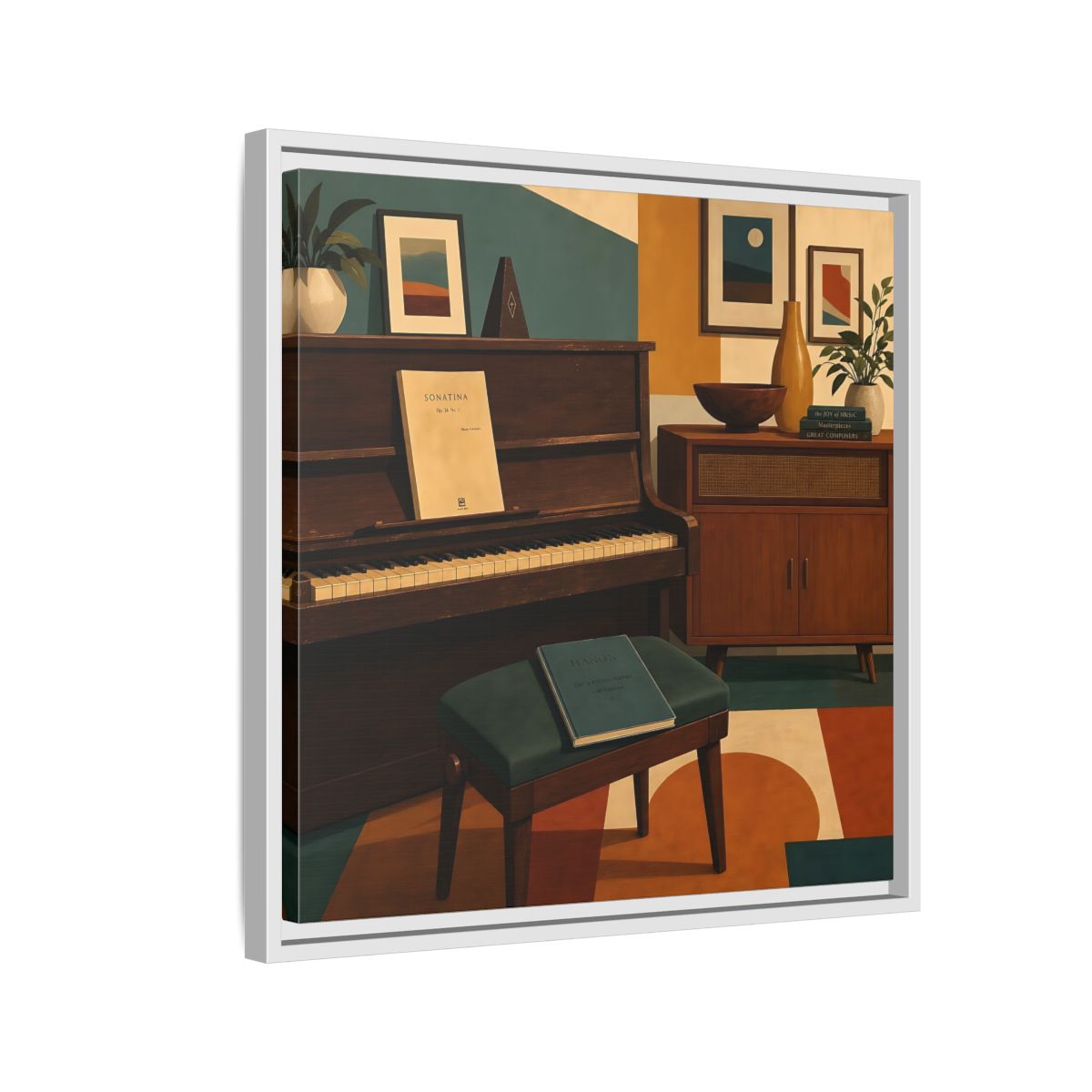 Side Mockup 10. Abstract Piano Mid-Century Piano shown as framed canvas print