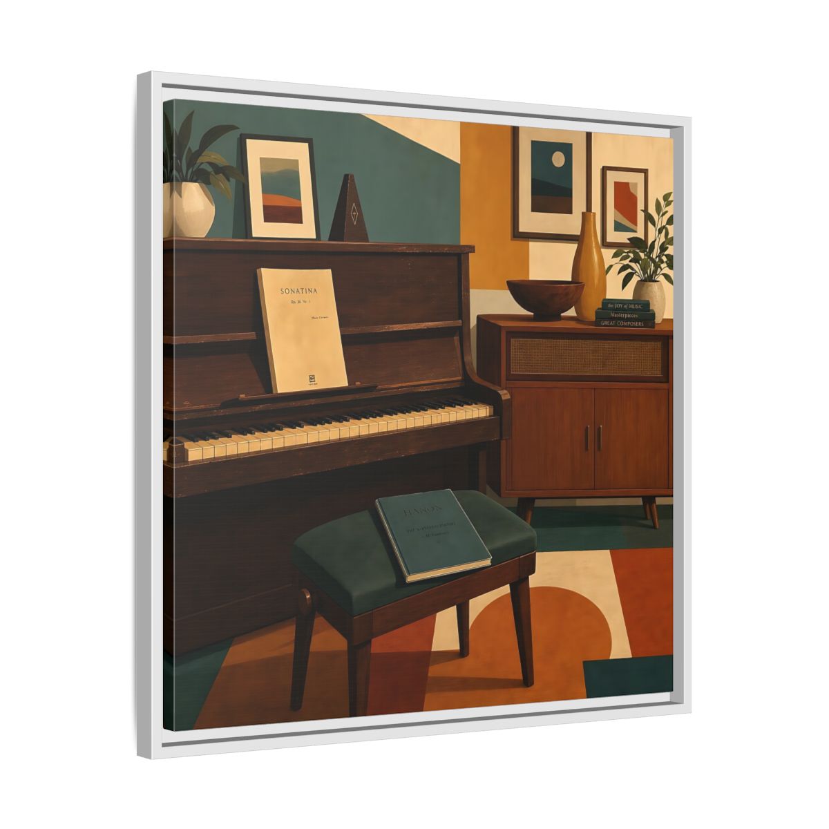 Side Mockup 26. Abstract Piano Mid-Century Piano shown as framed canvas print