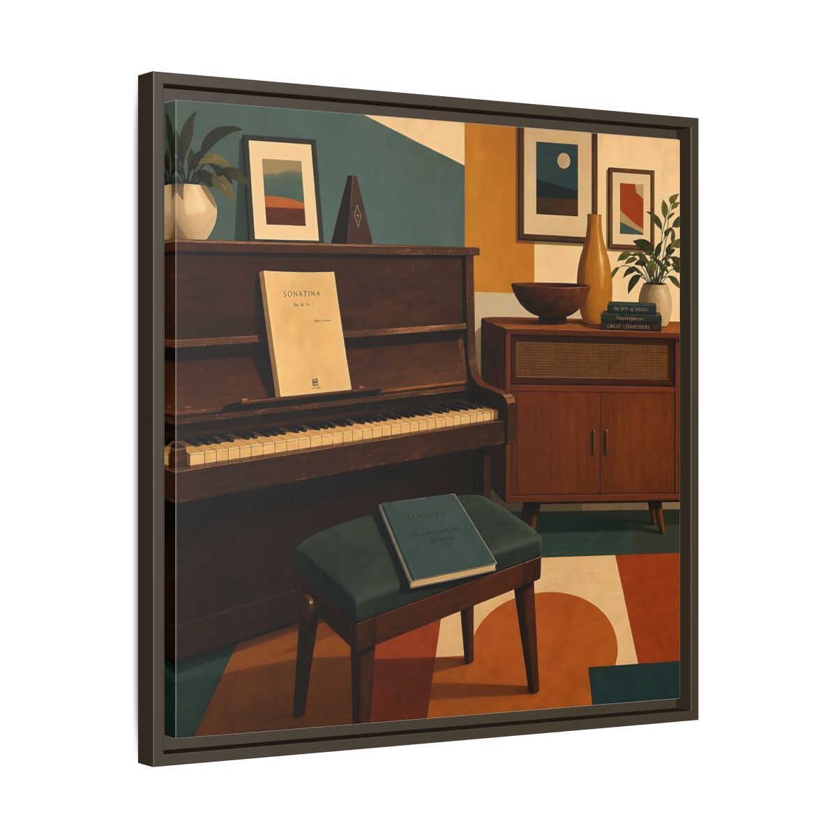 Side Mockup 27. Abstract Piano Mid-Century Piano shown as framed canvas print