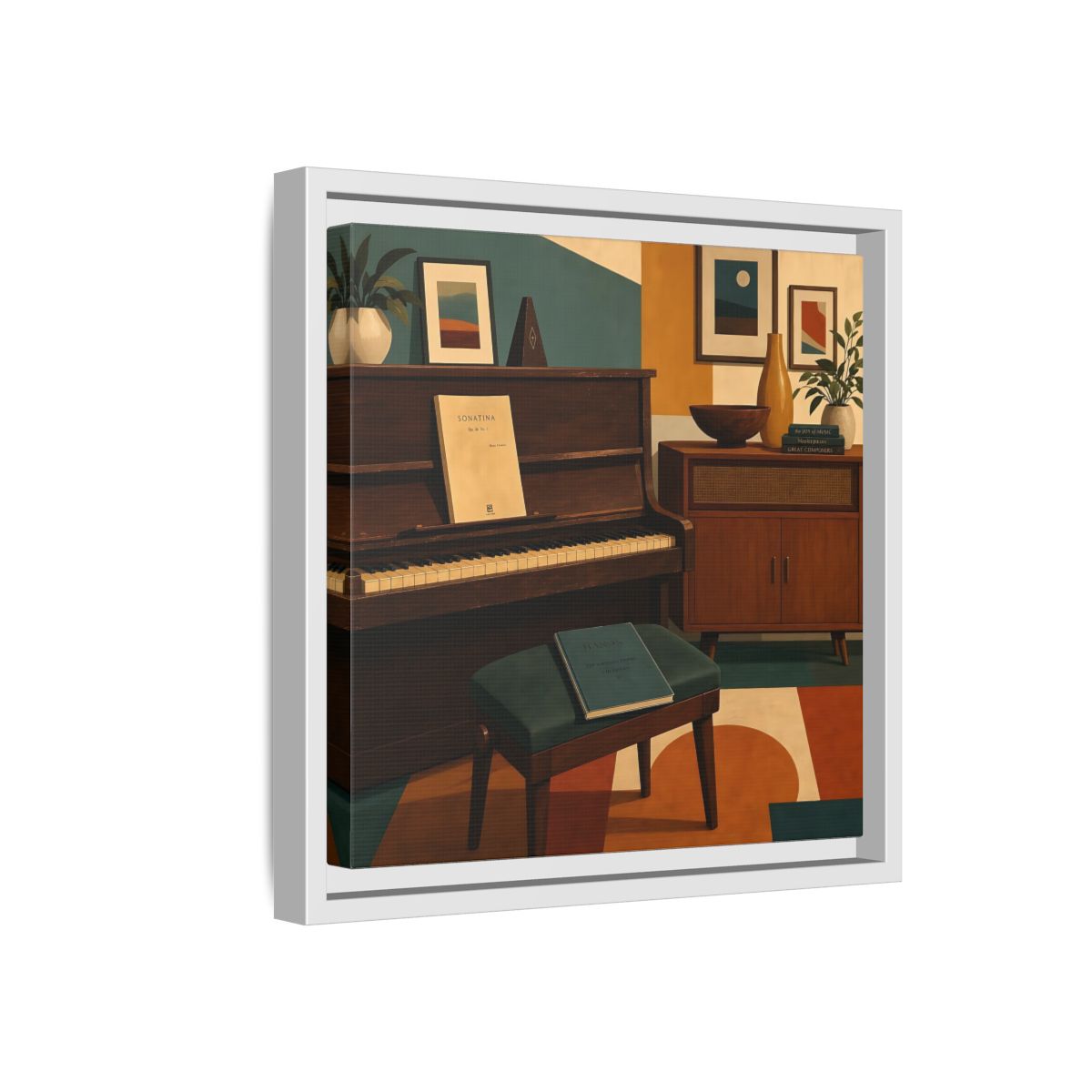 Side Mockup 16. Abstract Piano Mid-Century Piano shown as framed canvas print