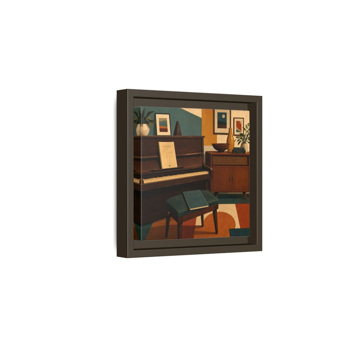 Side Mockup 2. Abstract Piano Mid-Century Piano shown as framed canvas print
