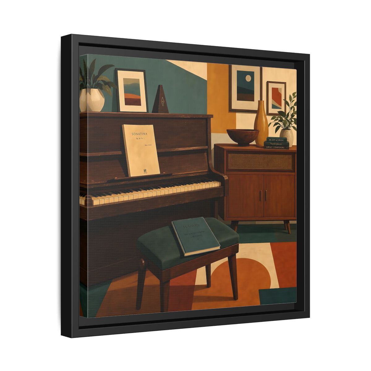 Side Mockup 32. Abstract Piano Mid-Century Piano shown as framed canvas print