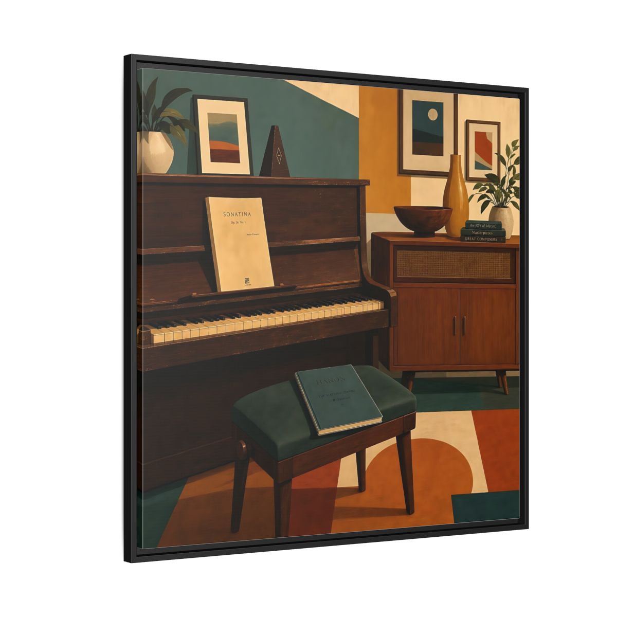Side Mockup 6. Abstract Piano Mid-Century Piano shown as framed canvas print