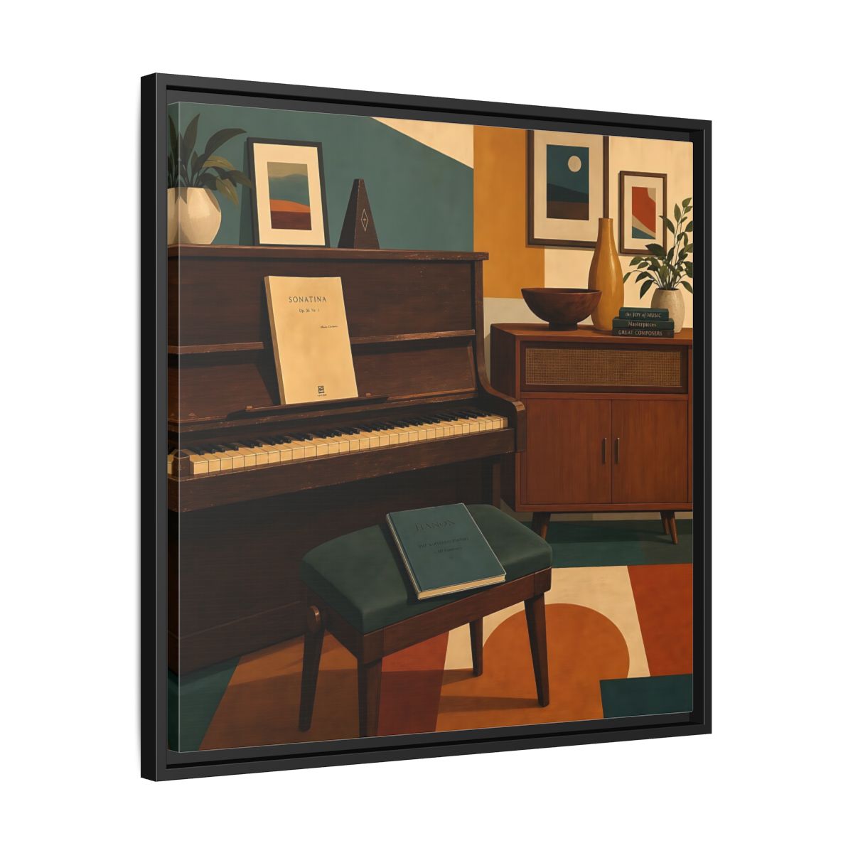 Side Mockup 31. Abstract Piano Mid-Century Piano shown as framed canvas print