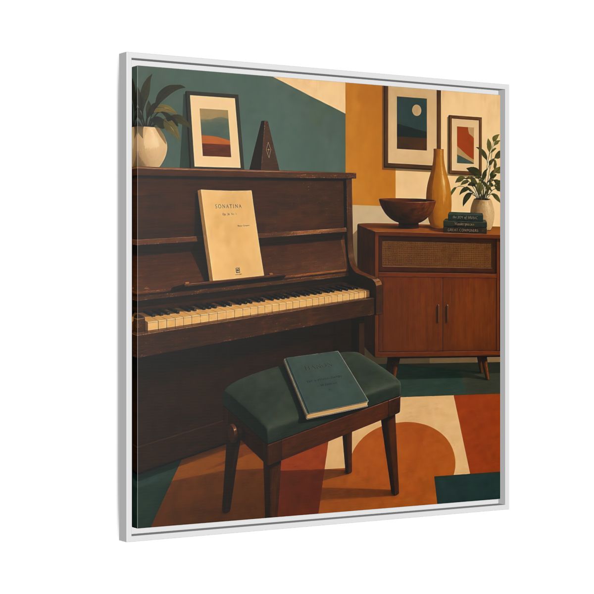 Side Mockup 4. Abstract Piano Mid-Century Piano shown as framed canvas print