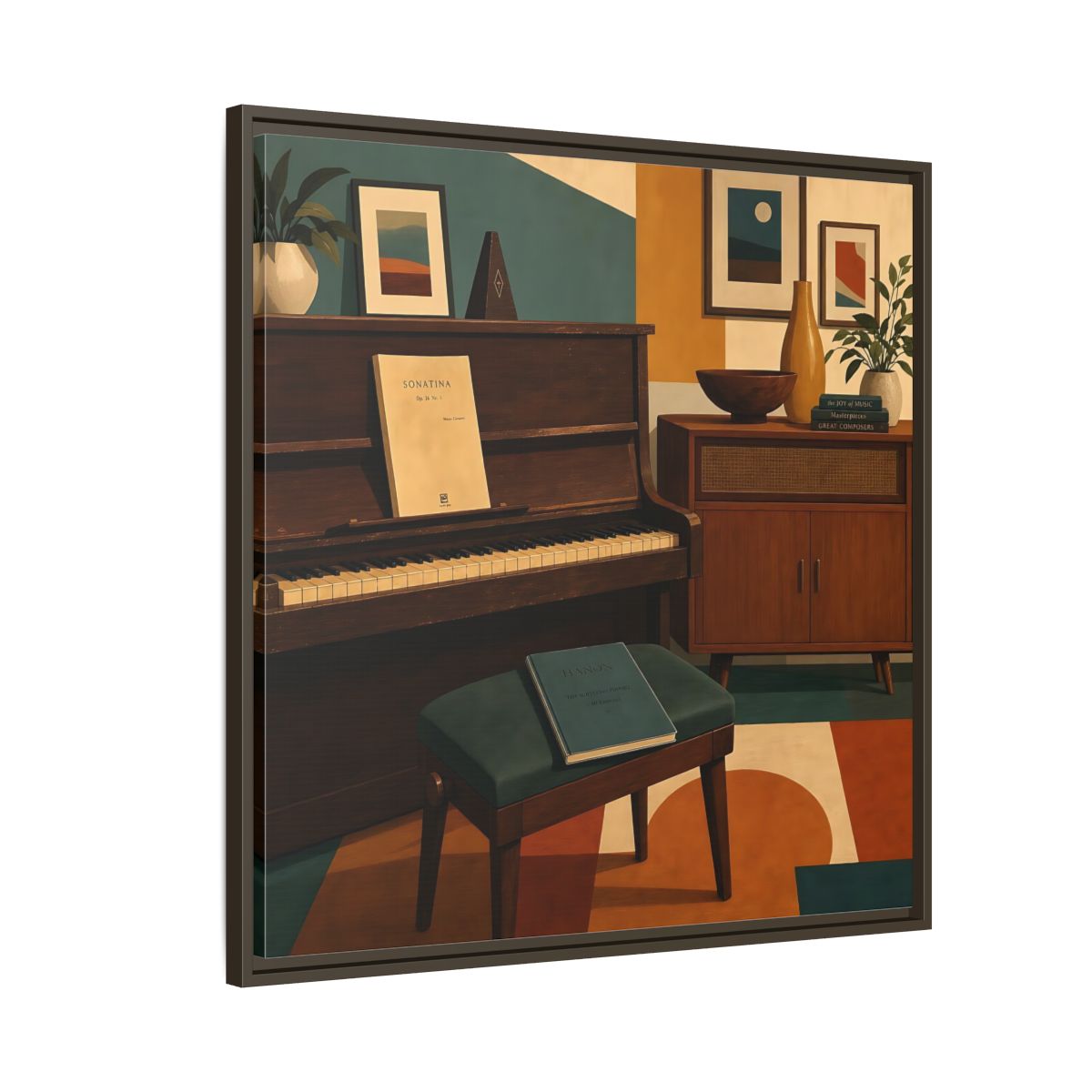 Side Mockup 8. Abstract Piano Mid-Century Piano shown as framed canvas print