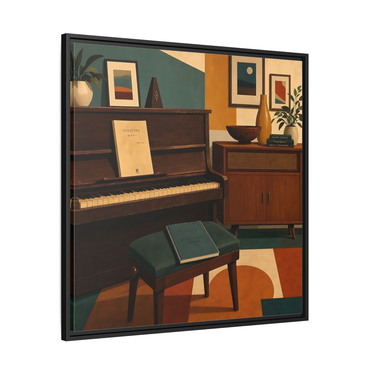 Side Mockup 30. Abstract Piano Mid-Century Piano shown as framed canvas print
