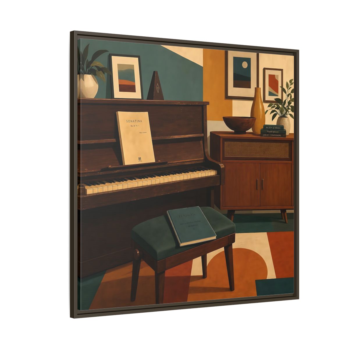 Side Mockup 5. Abstract Piano Mid-Century Piano shown as framed canvas print