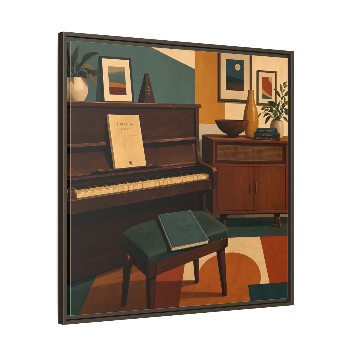 Main Mockup. Abstract Piano Mid-Century Piano shown as framed canvas print