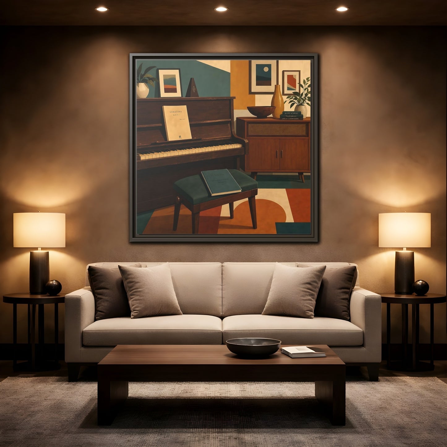 Mockup 2. Abstract Piano Mid-Century Piano shown as framed canvas print