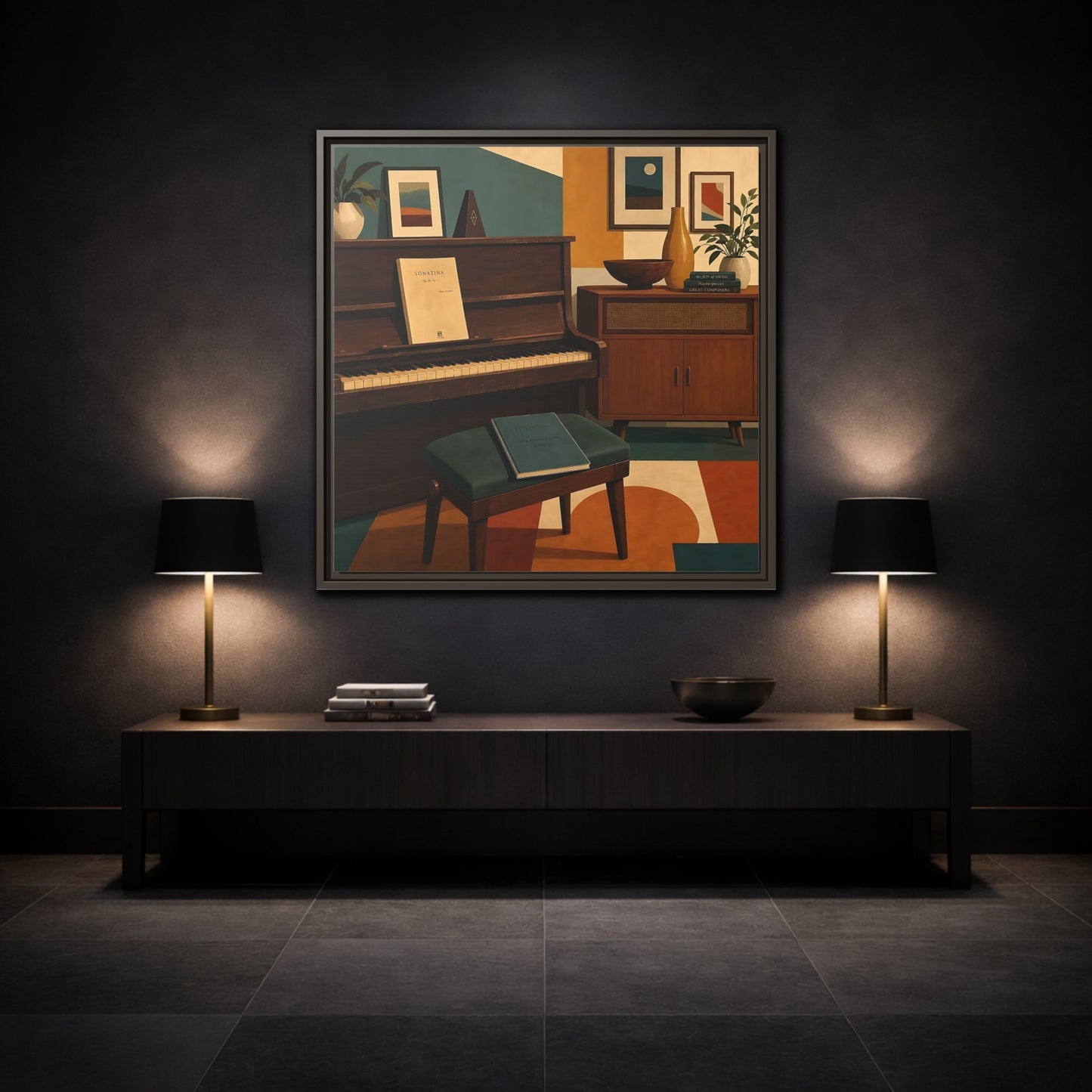 Mockup 3. Abstract Piano Mid-Century Piano shown as framed canvas print