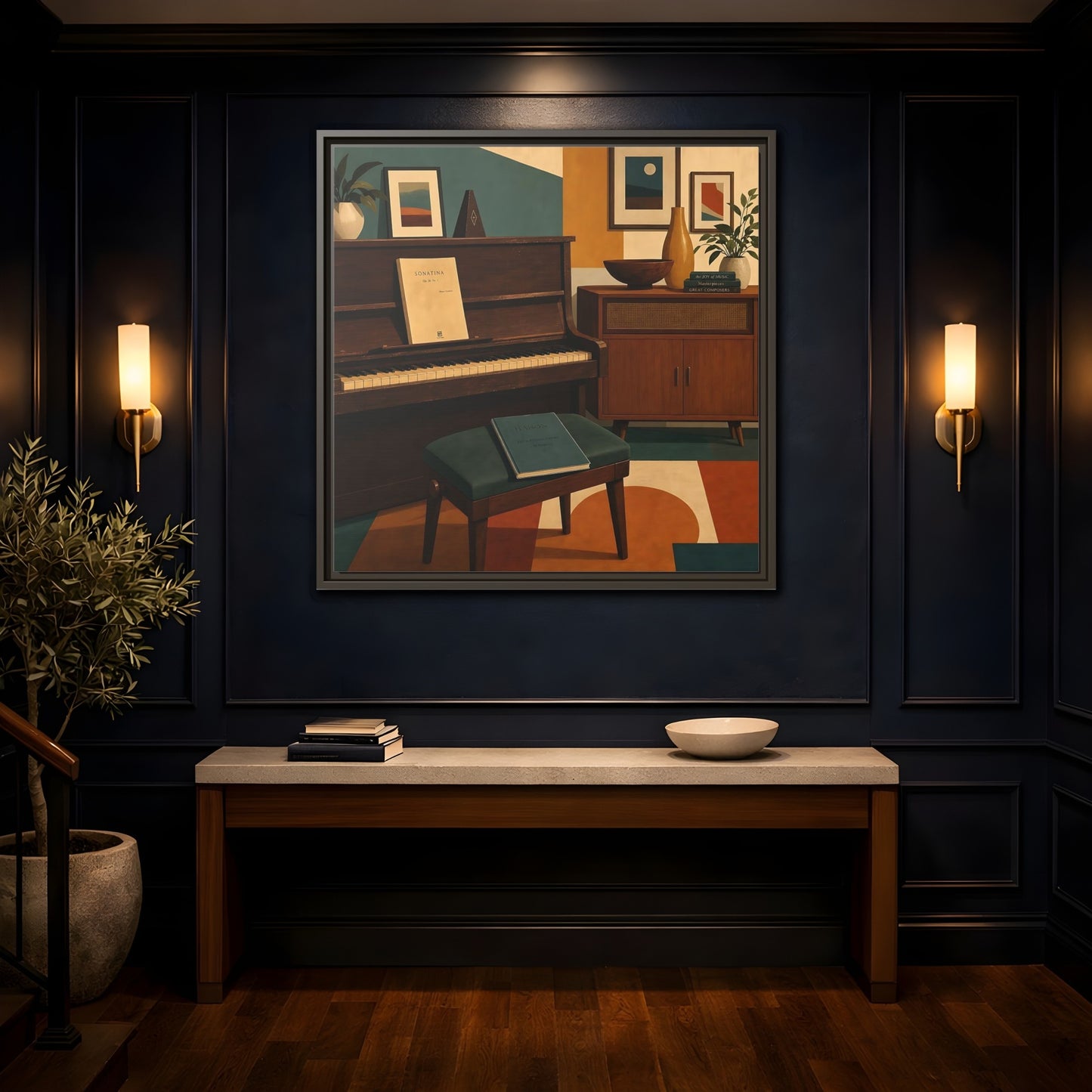 Mockup 4. Abstract Piano Mid-Century Piano shown as framed canvas print