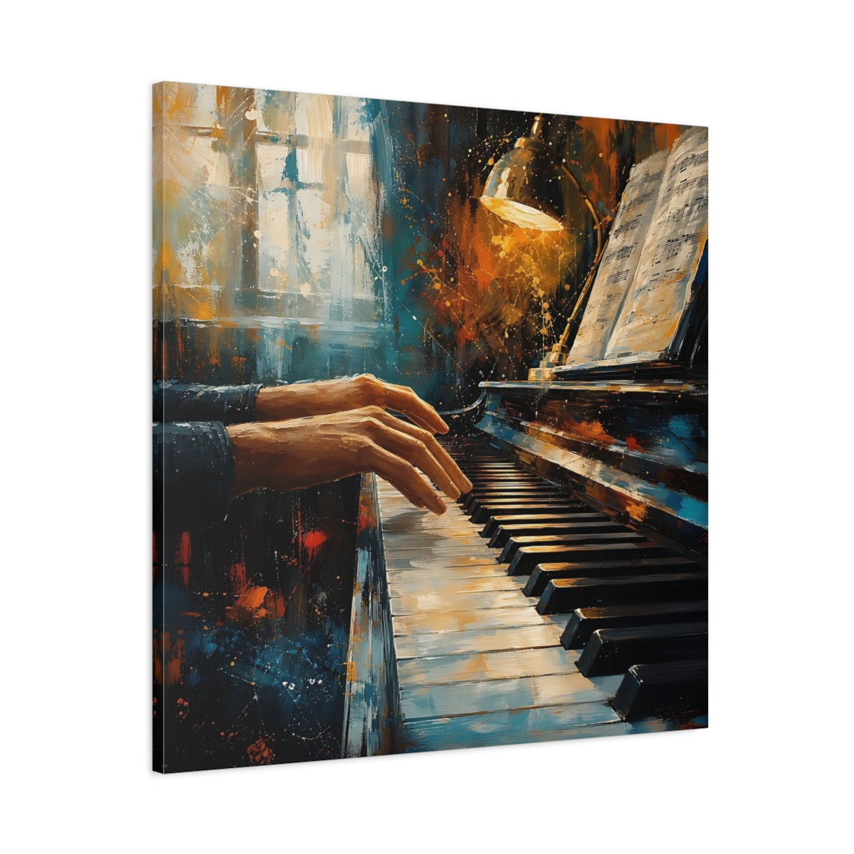 Main Mockup. Abstract Piano Player Blue Orange Music shown as canvas print