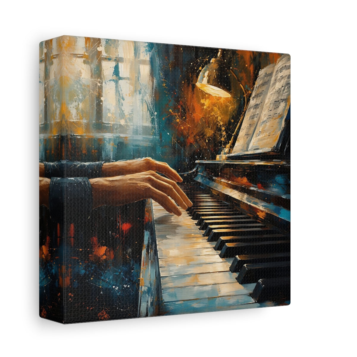 Side Mockup 2. Abstract Piano Player Blue Orange Music shown as canvas print