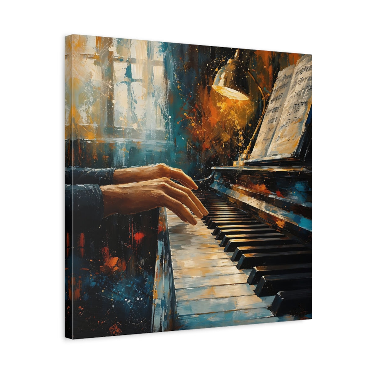Side Mockup 5. Abstract Piano Player Blue Orange Music shown as canvas print