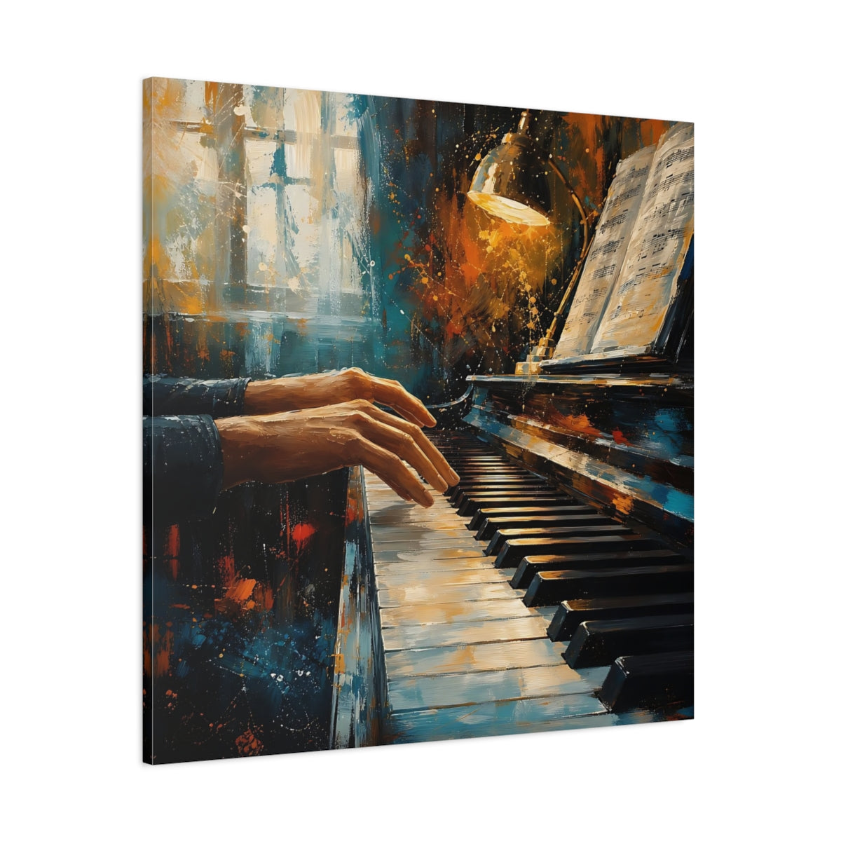 Side Mockup 1. Abstract Piano Player Blue Orange Music shown as canvas print