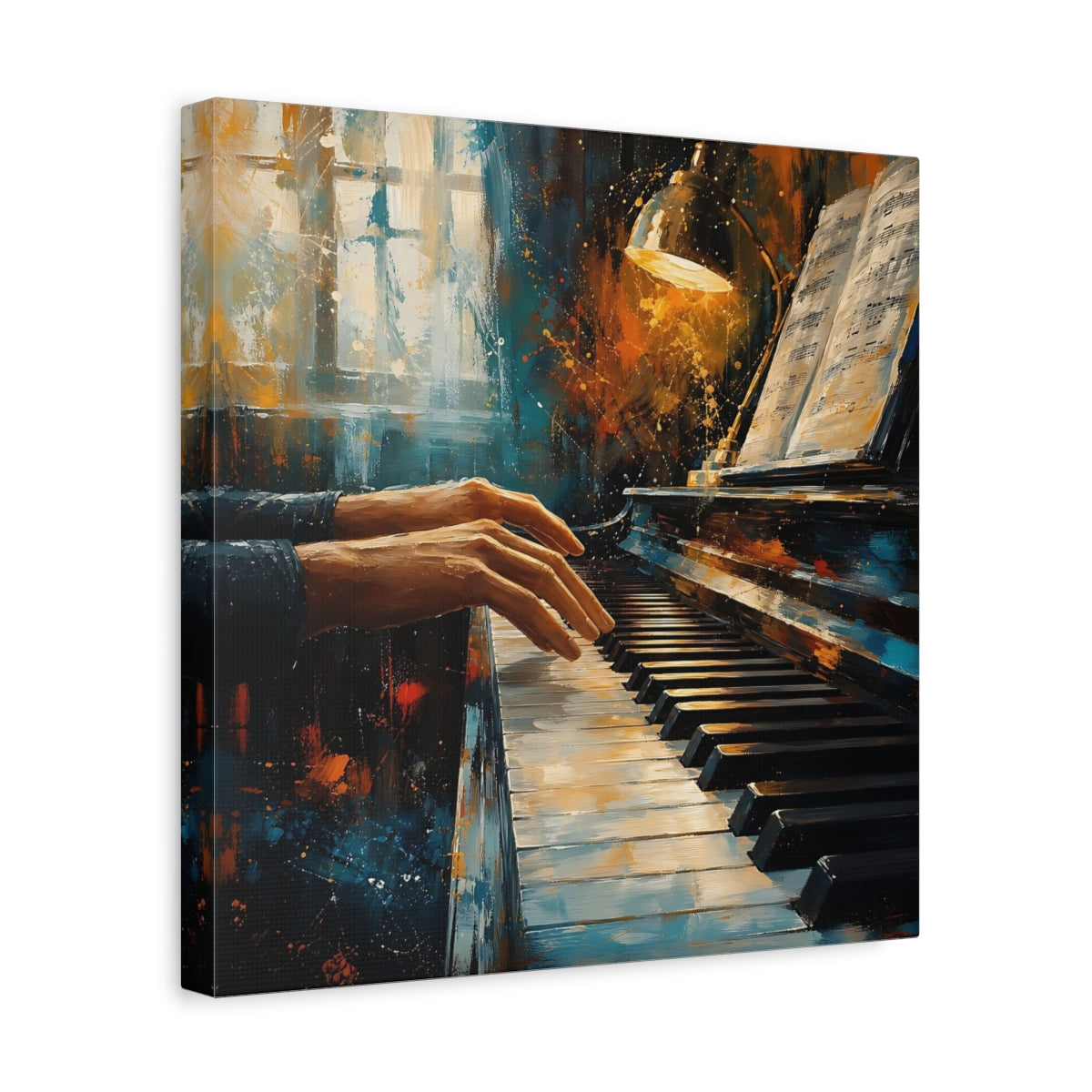 Side Mockup 7. Abstract Piano Player Blue Orange Music shown as canvas print