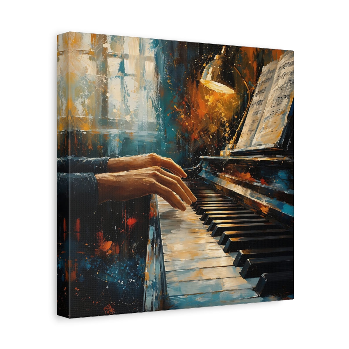 Side Mockup 8. Abstract Piano Player Blue Orange Music shown as canvas print