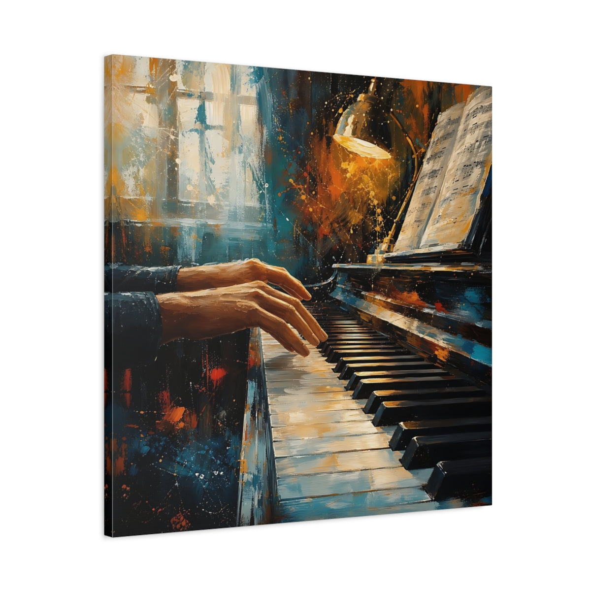 Side Mockup 3. Abstract Piano Player Blue Orange Music shown as canvas print