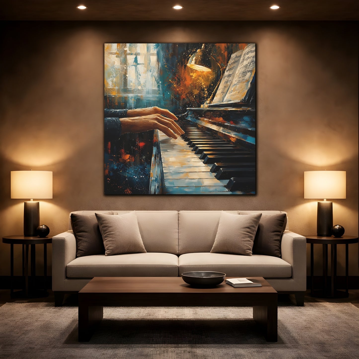 Mockup 2. Abstract Piano Player Blue Orange Music shown as canvas print