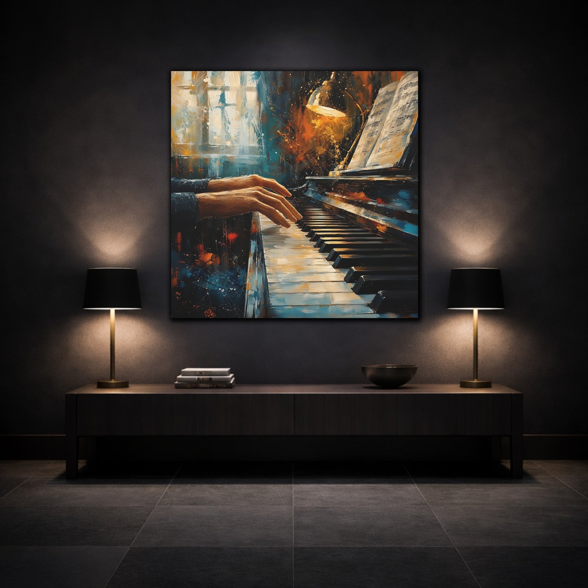 Mockup 3. Abstract Piano Player Blue Orange Music shown as canvas print