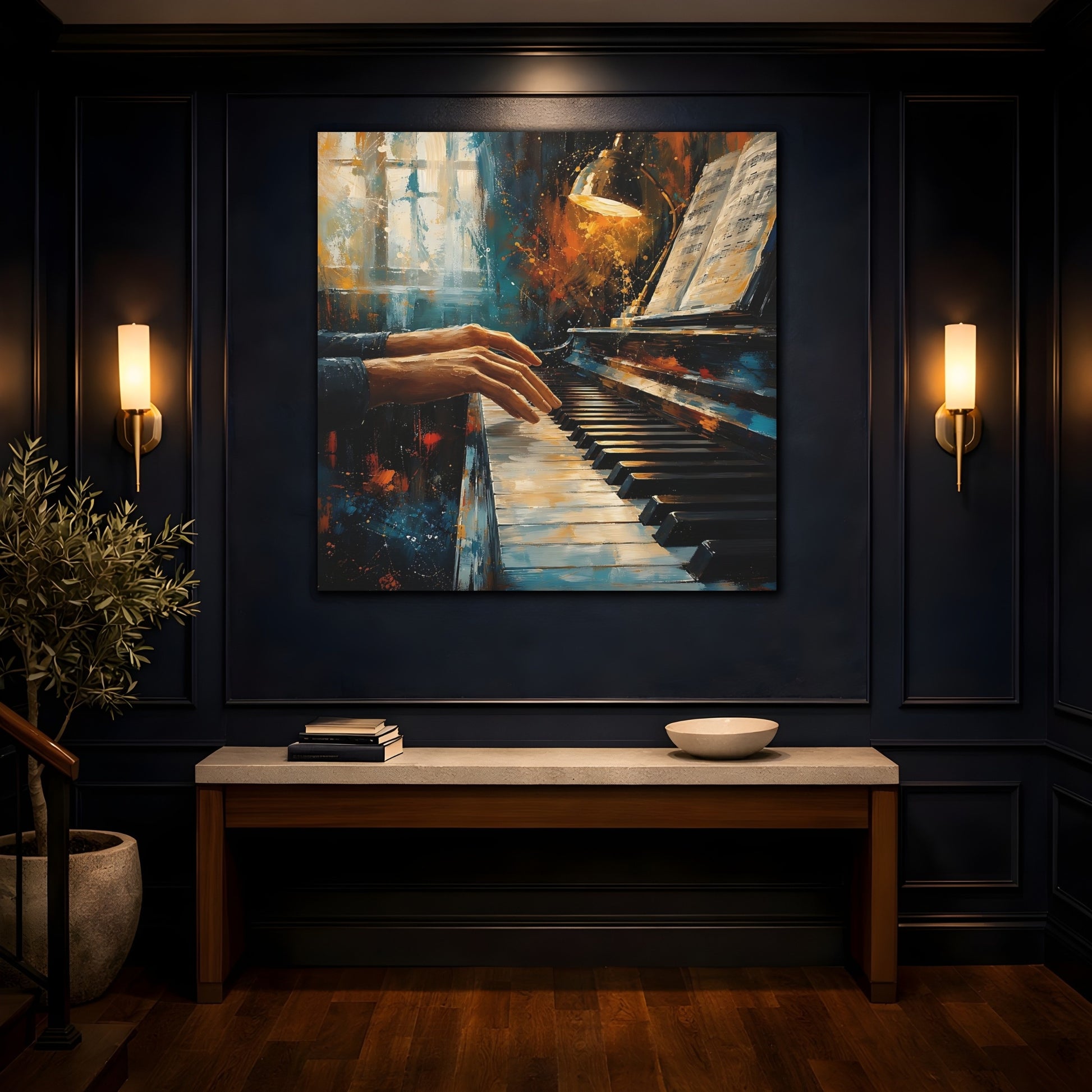 Mockup 4. Abstract Piano Player Blue Orange Music shown as canvas print