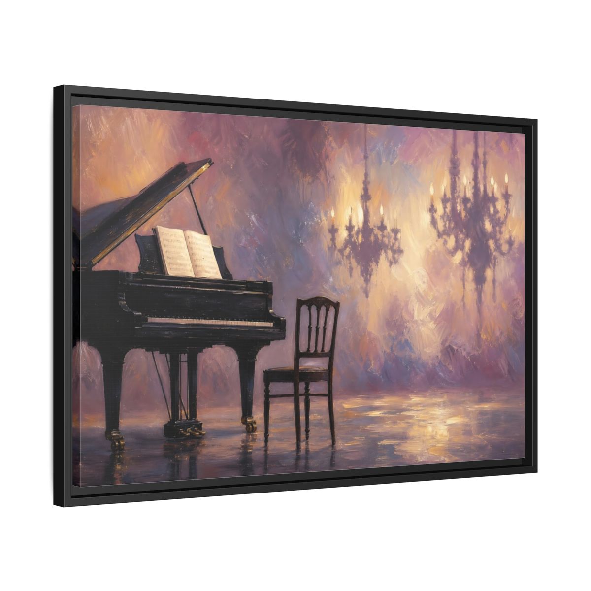 Side Mockup 14. Abstract Piano Purple Gold Piano shown as framed canvas print