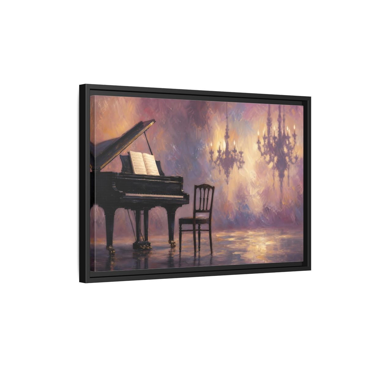 Side Mockup 3. Abstract Piano Purple Gold Piano shown as framed canvas print