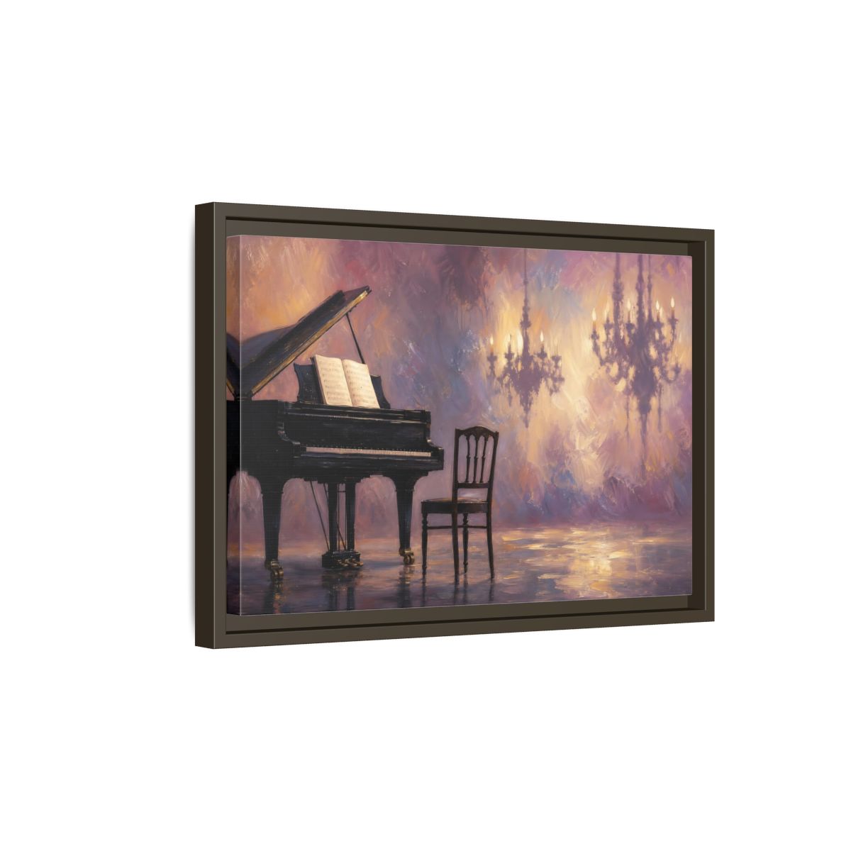 Side Mockup 5. Abstract Piano Purple Gold Piano shown as framed canvas print