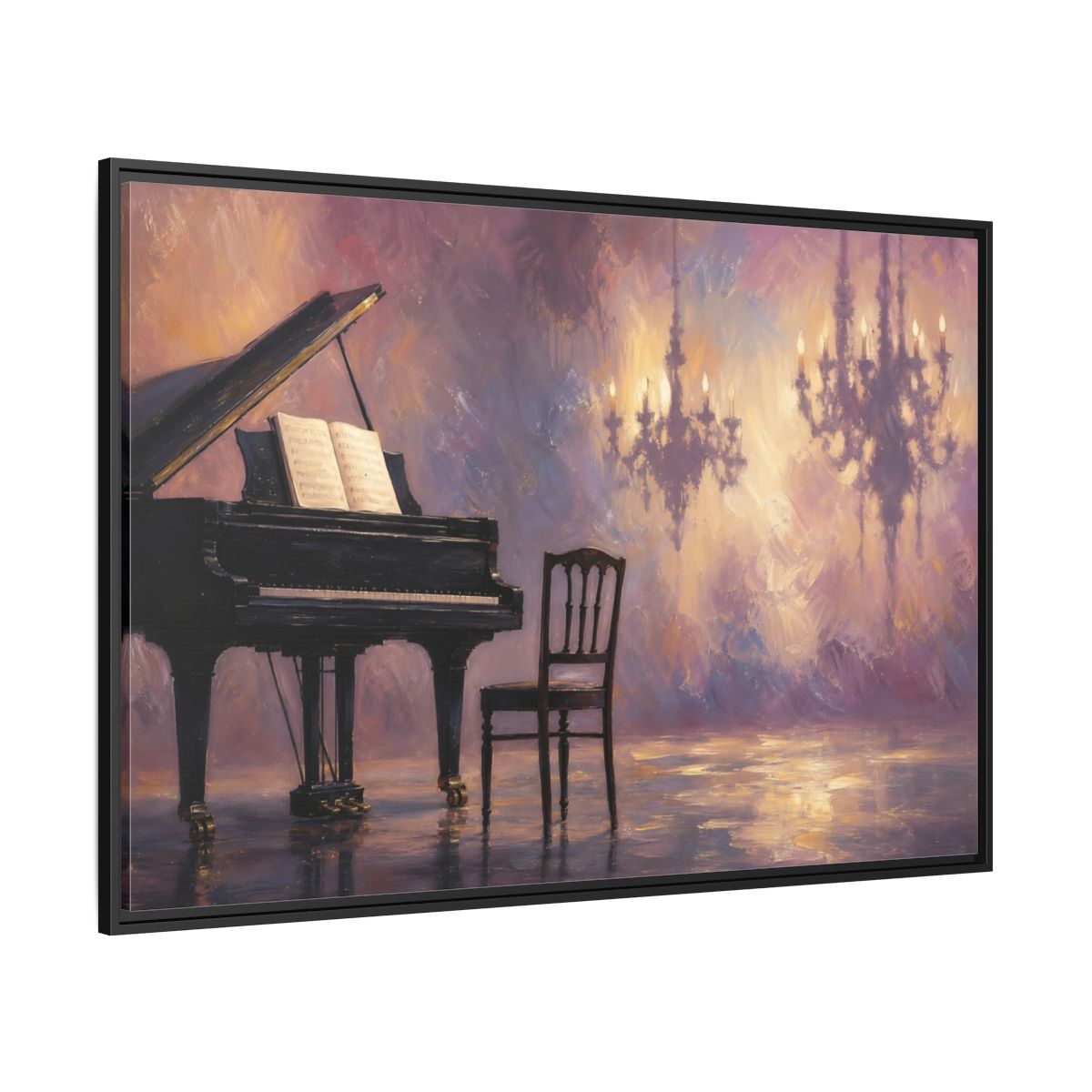 Side Mockup 12. Abstract Piano Purple Gold Piano shown as framed canvas print