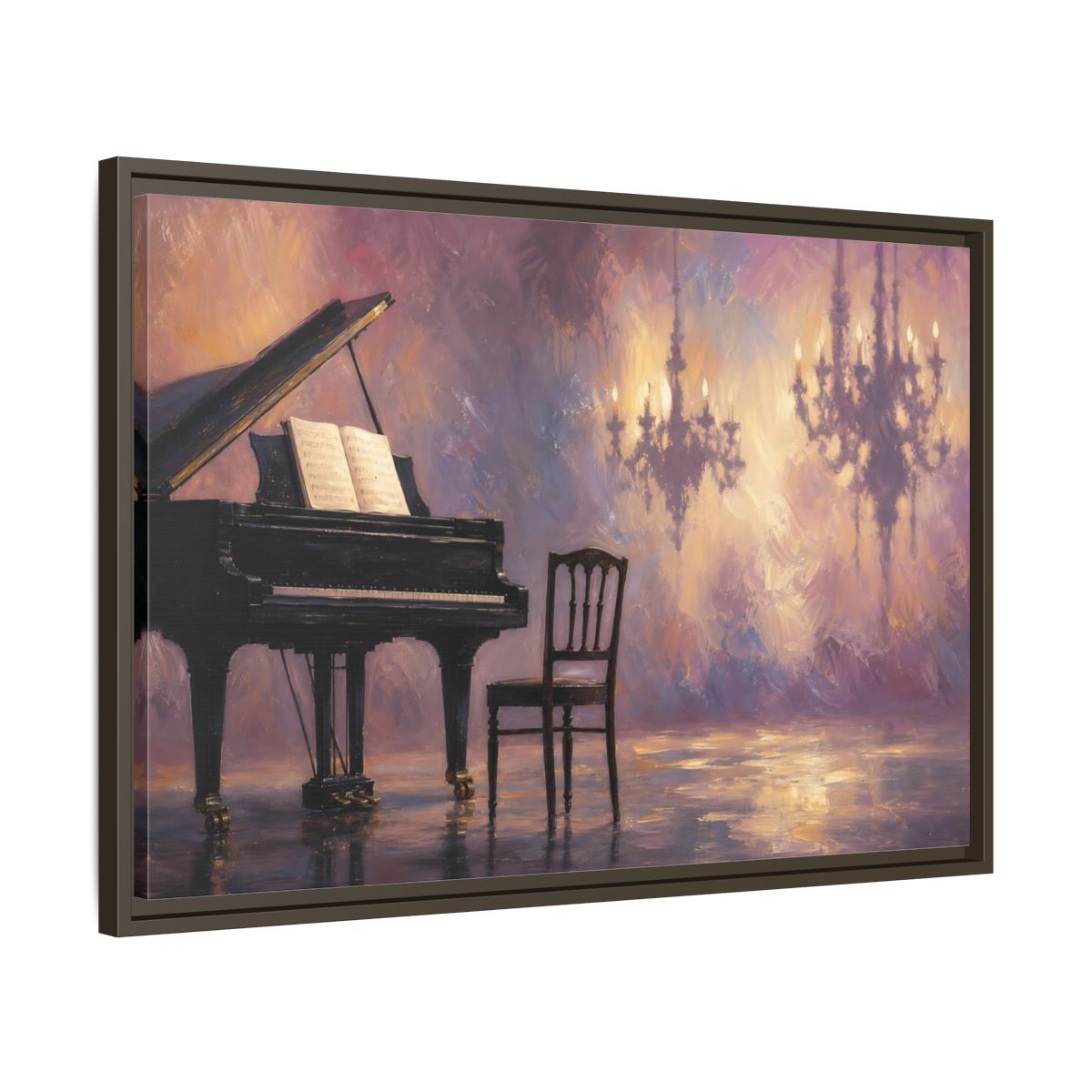 Side Mockup 11. Abstract Piano Purple Gold Piano shown as framed canvas print